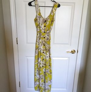 Monteau chartreuse floral button down midi / maxi length dress waist tie sz SM